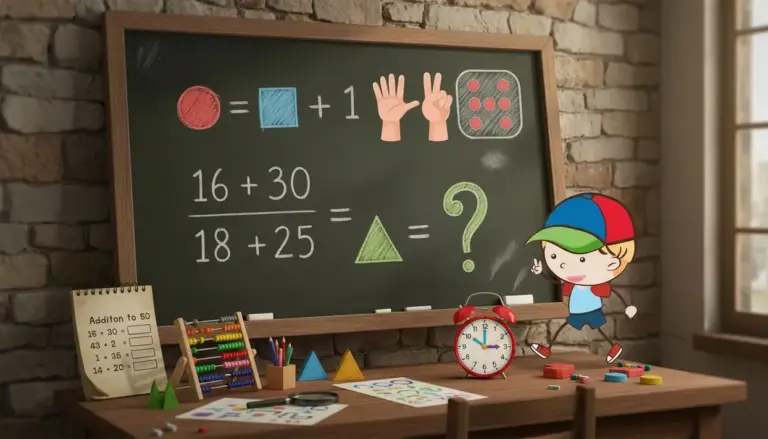 Lavagna con operazioni matematiche e bambino illustrato in aula scolastica