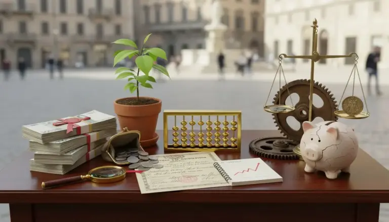 Oggetti finanziari simbolici su un tavolo, tra cui pianta, salvadanaio, bilancia e banconote