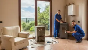 Due tecnici installano una nuova stufa a pellet accanto a una vecchia stufa in una casa luminosa.