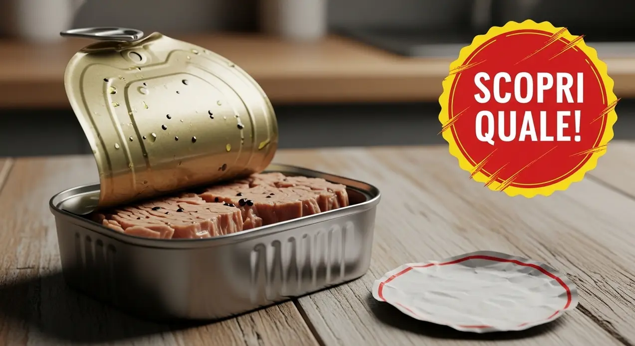 Scatoletta di tonno aperta su un tavolo di legno