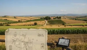 Vista panoramica di terreni agricoli con rotoballe, vigneti e una mappa su carta in primo piano