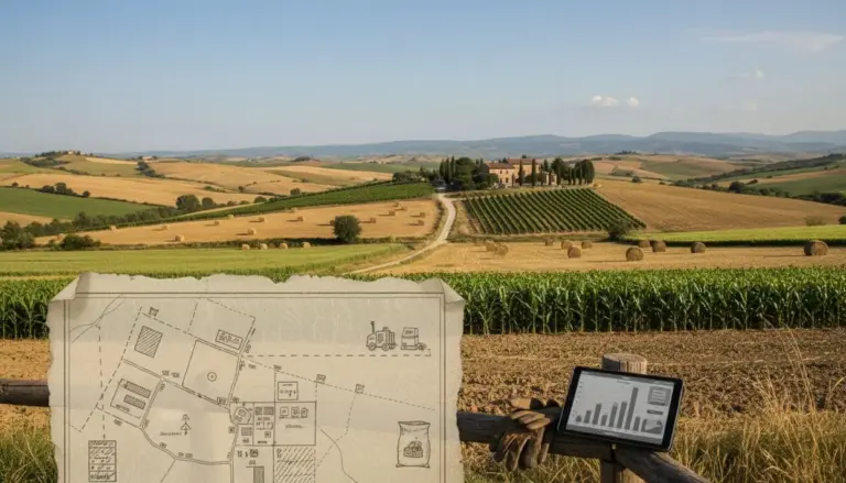 Vista panoramica di terreni agricoli con rotoballe, vigneti e una mappa su carta in primo piano