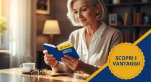 Una persona anziana legge un libretto postale seduta a un tavolo con una tazza di caffè