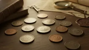 Vecchie monete italiane da 50 e 100 lire sparse su un tavolo in legno