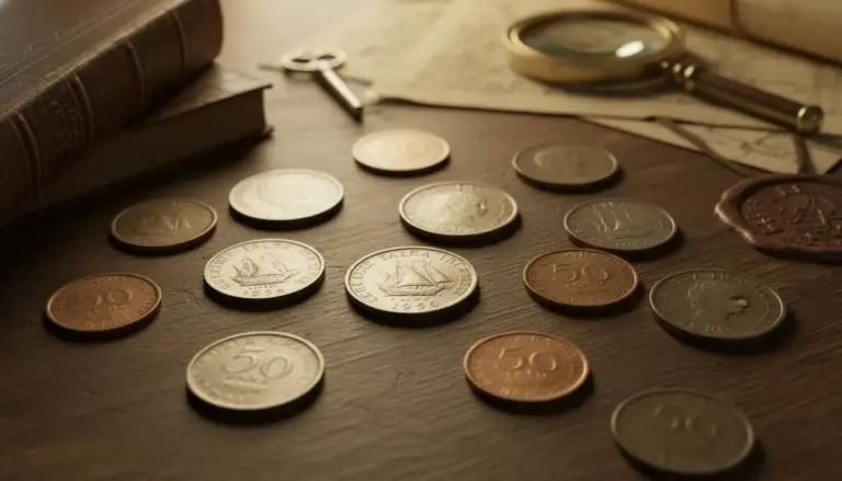 Vecchie monete italiane da 50 e 100 lire sparse su un tavolo in legno