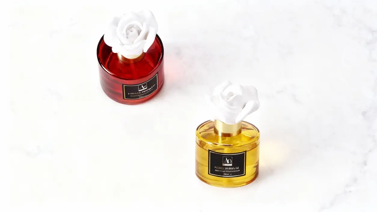 Due diffusori di profumo per ambienti con fiore decorativo su fondo bianco.