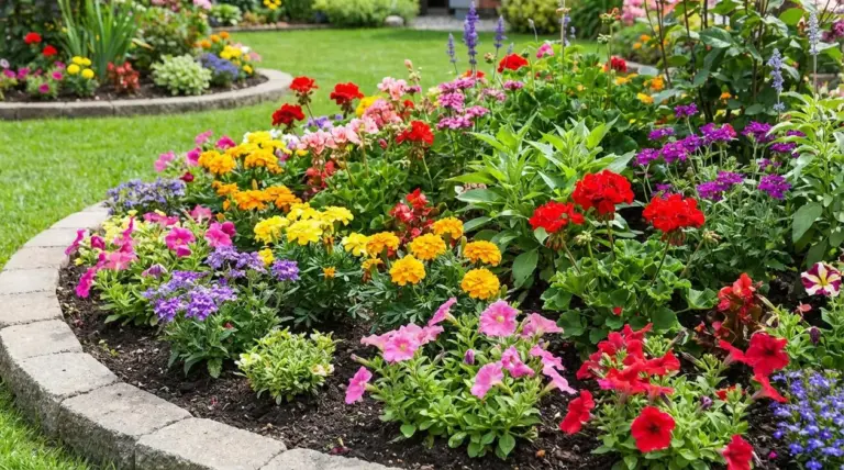 Aiuola fiorita con diverse varietà di fiori colorati in un giardino curato