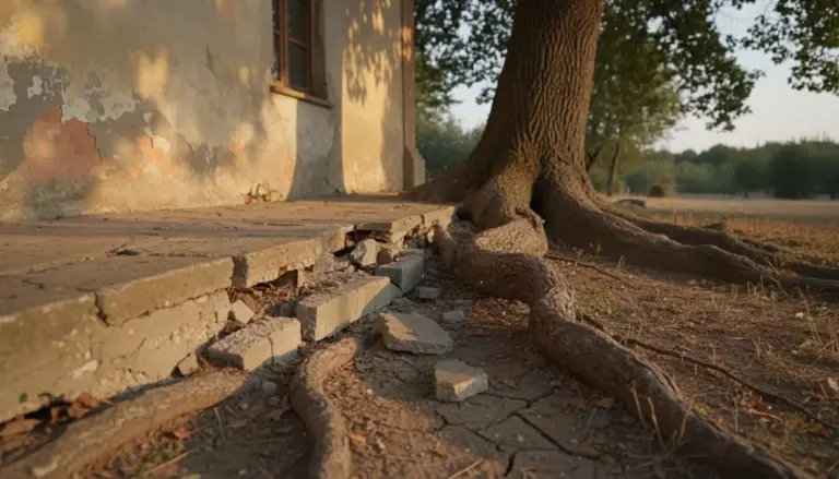 Radici di un albero che sollevano il marciapiede vicino a una casa