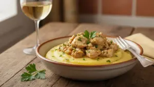 Piatto di baccalà alla vicentina servito su polenta cremosa con prezzemolo