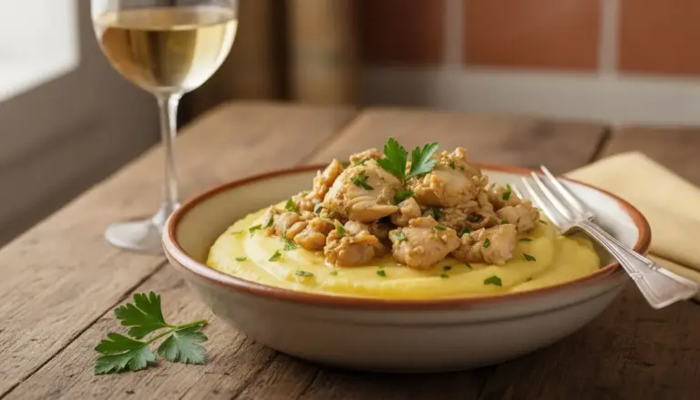 Piatto di baccalà alla vicentina servito su polenta cremosa con prezzemolo