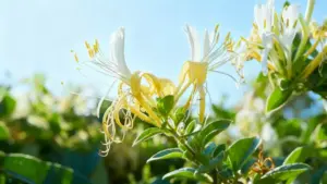 Fiore di caprifoglio in primo piano illuminato dal sole primaverile