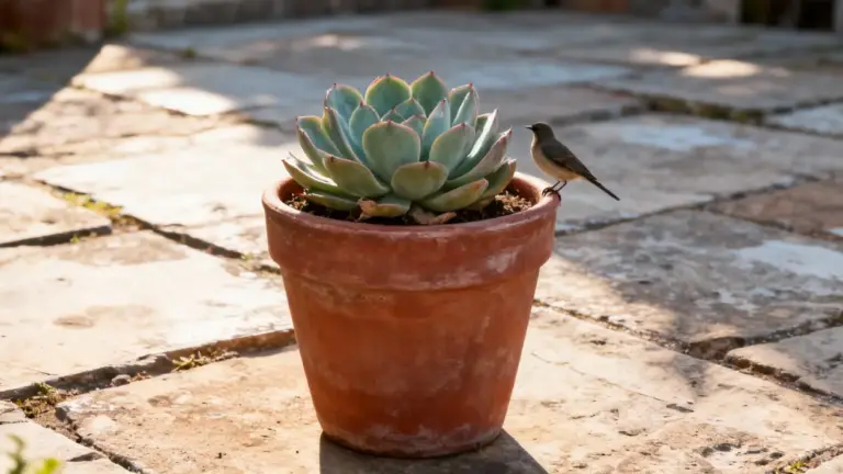 Pianta grassa in vaso di terracotta con un uccellino appoggiato sul bordo