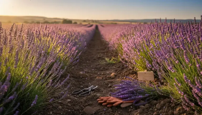 Campo di lavanda in fiore al tramonto con cesoie, guanti e mazzetto a terra