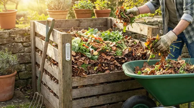 Persona che versa scarti vegetali in una compostiera da giardino in legno