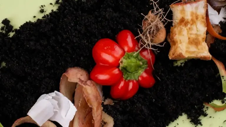 Scarti alimentari su compost scuro, tra cui peperone rosso, bucce e pane.