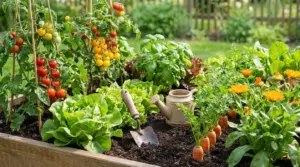 Orto con pomodori, lattuga, basilico, carote e fiori in consociazione