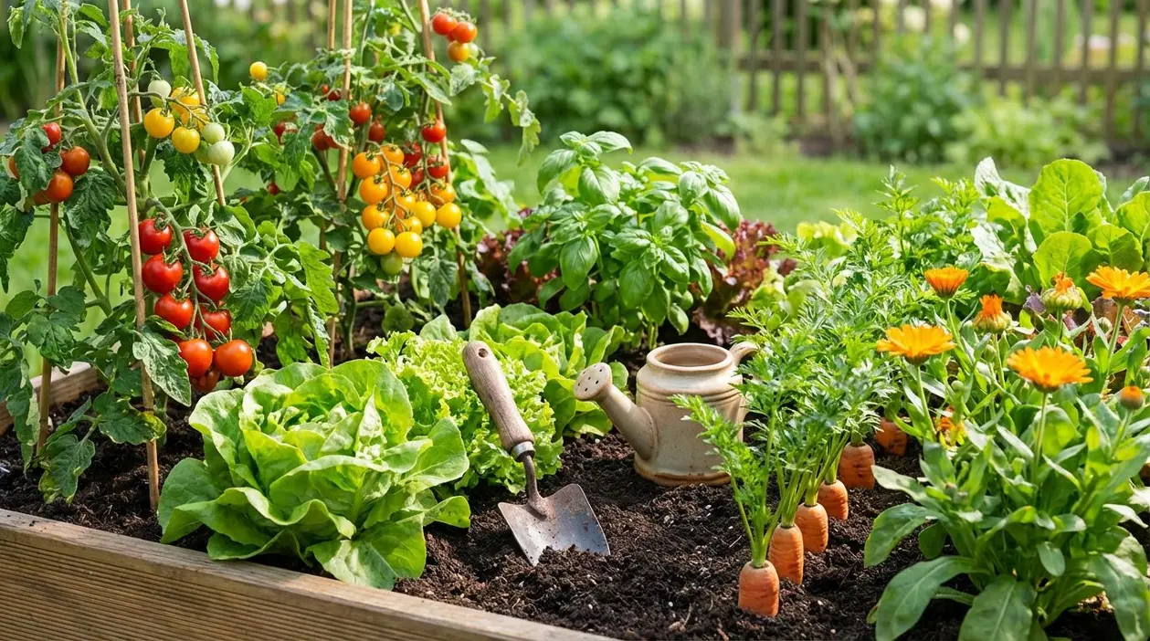 Orto con pomodori, lattuga, basilico, carote e fiori in consociazione