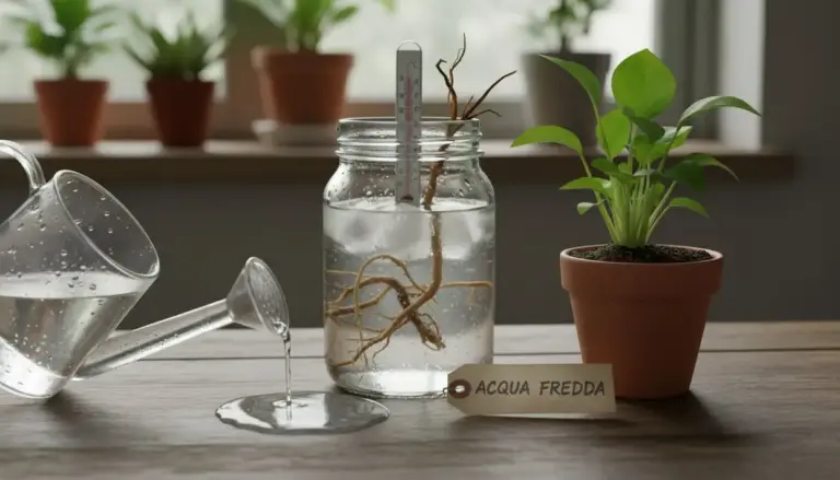 Radici immerse in un barattolo con acqua fredda accanto a una pianta in vaso