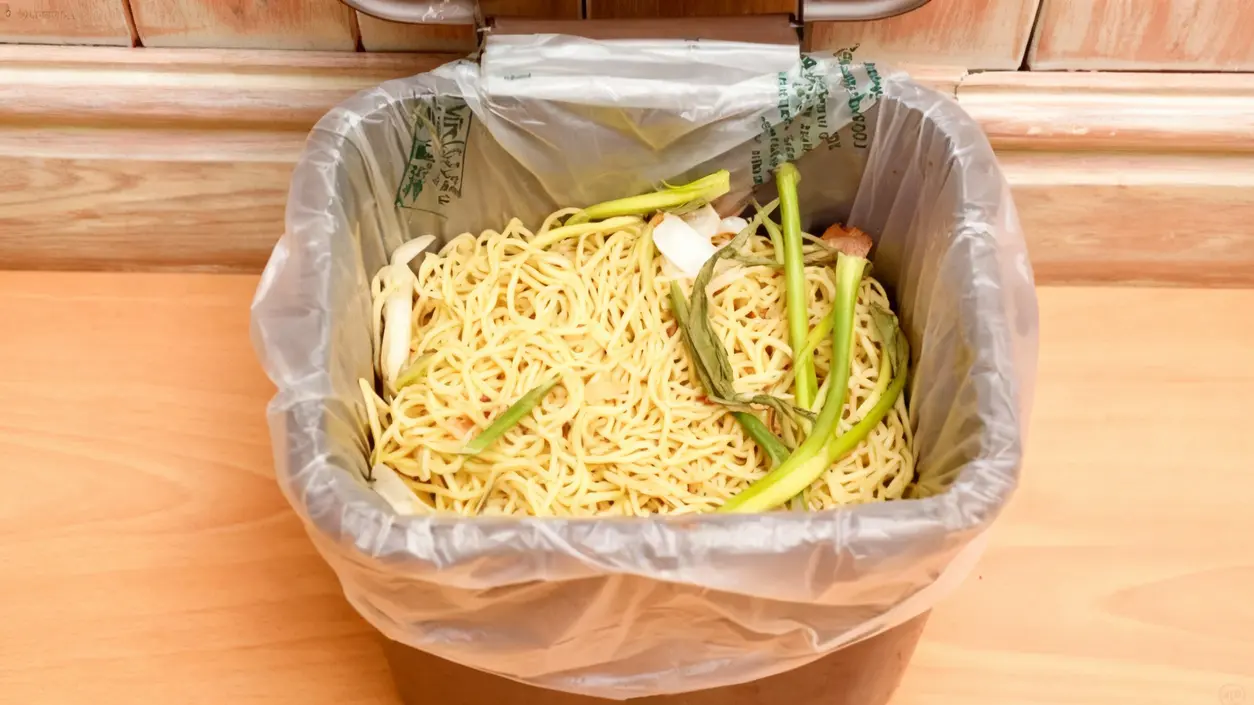 Pattumiera da cucina con rifiuti alimentari come noodles e verdure