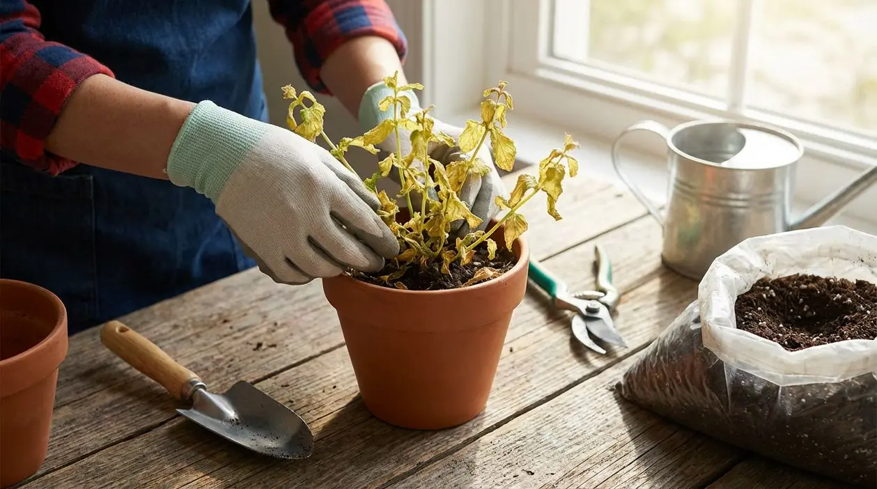 Persona con guanti sistema una pianta in vaso con foglie ingiallite su un tavolo da giardinaggio