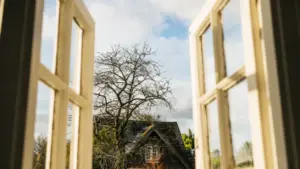 Vista di una finestra aperta con vetri puliti che mostrano una casa e un albero spoglio all'esterno
