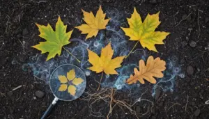 Foglie ingiallite su terreno scuro con radici e lente d'ingrandimento