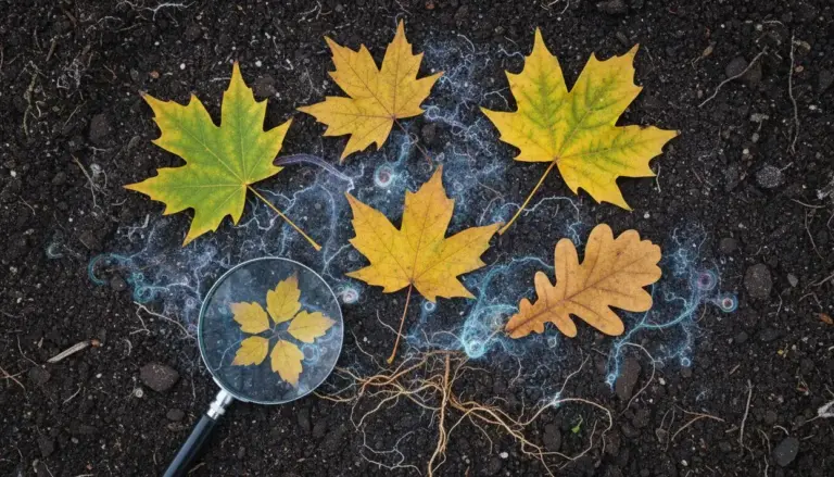 Foglie ingiallite su terreno scuro con radici e lente d'ingrandimento