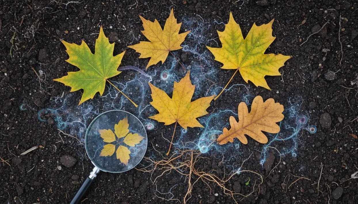 Foglie ingiallite su terreno scuro con radici e lente d'ingrandimento