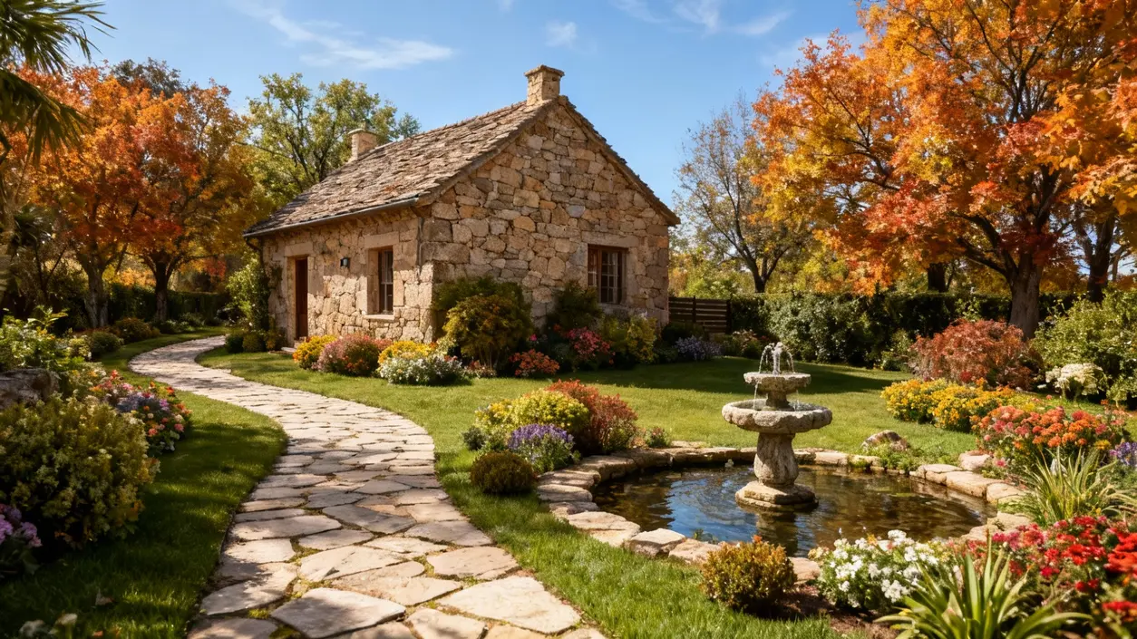 Giardino curato con vialetto in pietra, aiuole fiorite e fontana vicino a una casetta in pietra