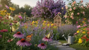 Farfalle e insetti impollinatori tra fiori colorati in un giardino fiorito con casetta per insetti