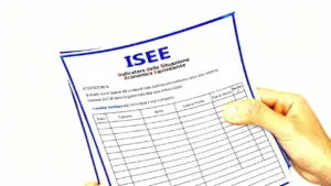 Una mano tiene un documento ISEE con dati anagrafici da compilare