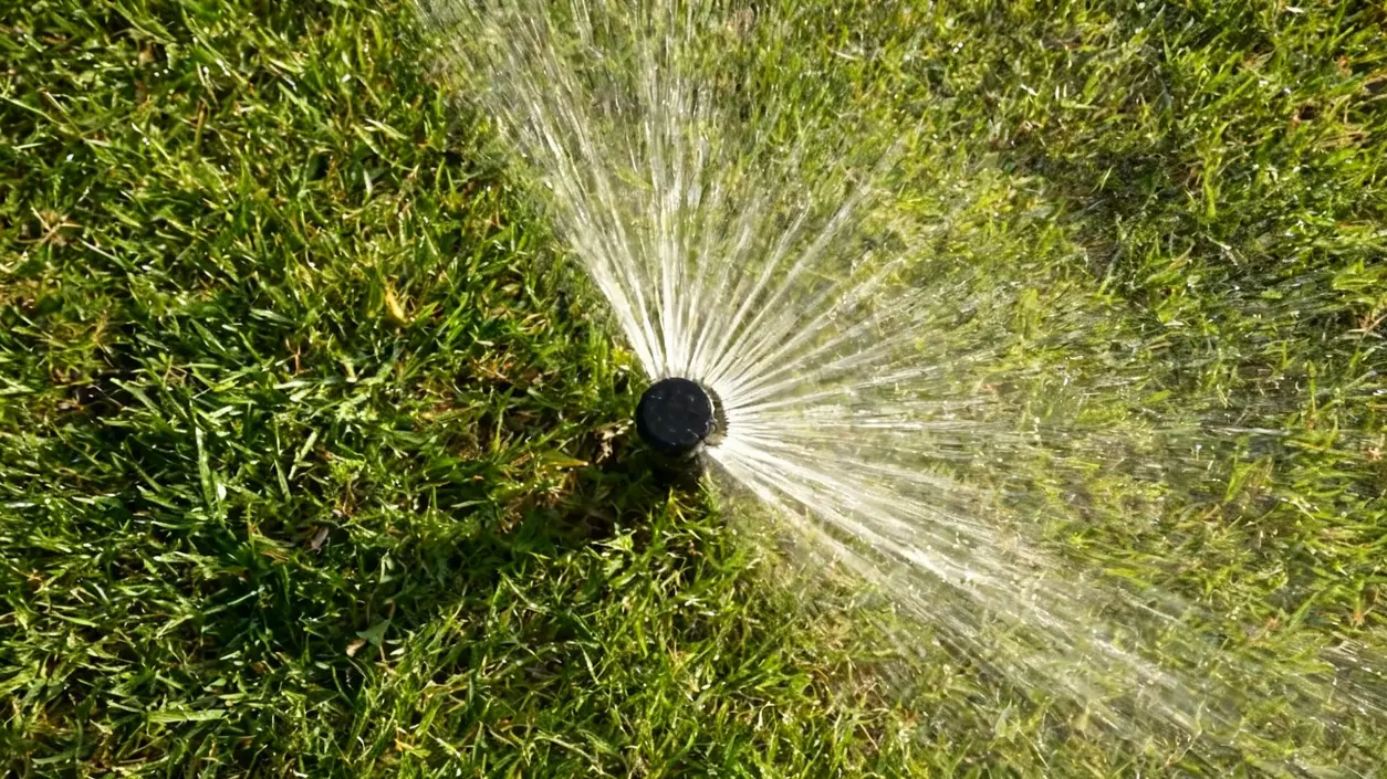 Irrigatore acceso che bagna un prato verde in giardino