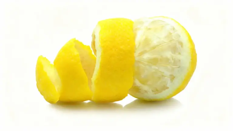 Buccia di limone spiralata accanto a mezzo limone su sfondo bianco