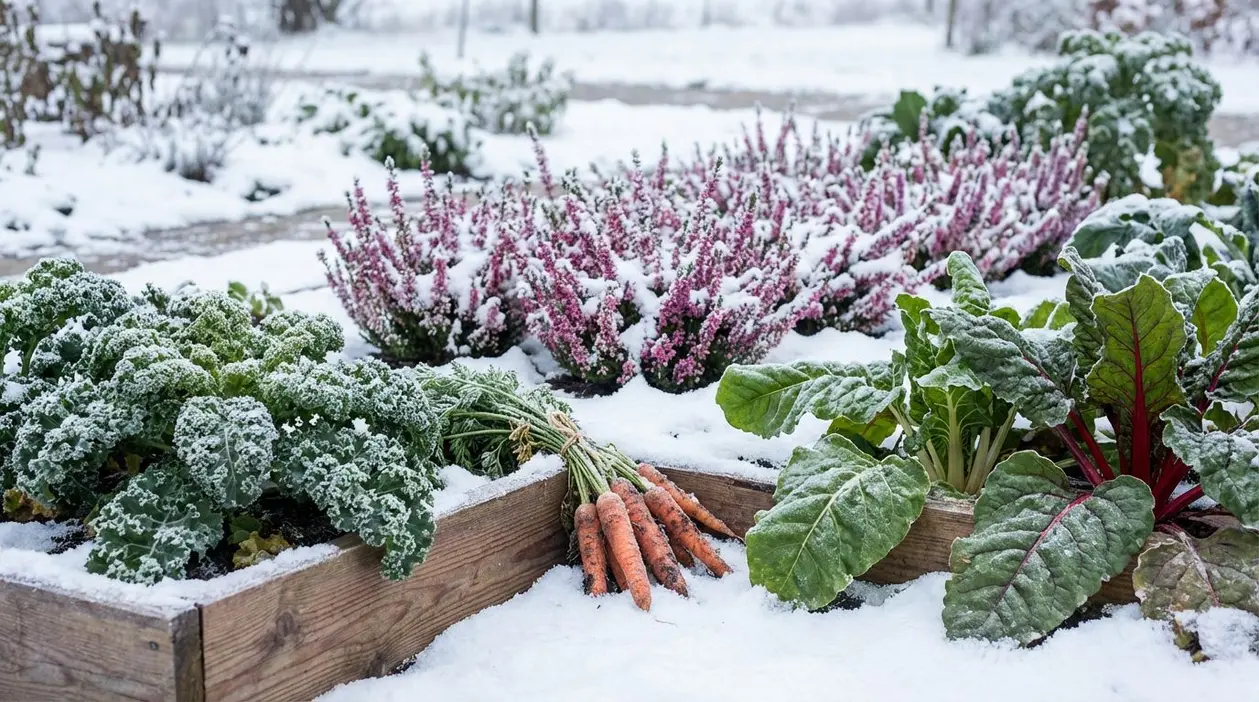 Orto invernale con ortaggi e piante resistenti coperti di neve