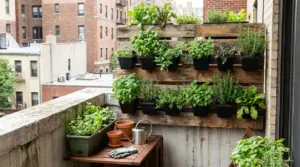 Orto verticale con piante aromatiche su una parete in legno su un balcone in città