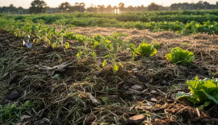 Orto con pacciamatura in paglia e piantine di ortaggi al tramonto