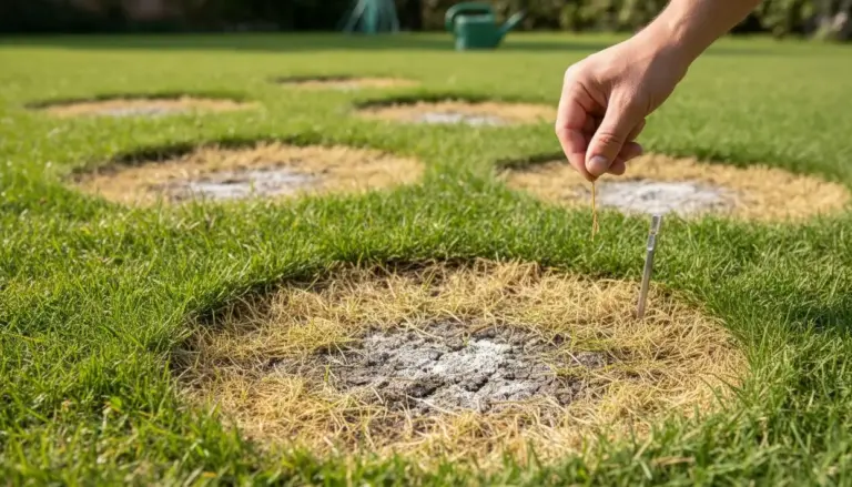 Zone secche e danneggiate su un prato con una mano che esamina l'erba