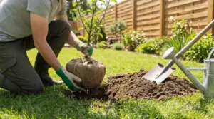 Persona che pianta un giovane albero da frutto in un giardino