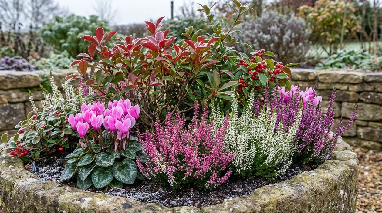 Fioriera in pietra con piante resistenti al freddo in un giardino invernale