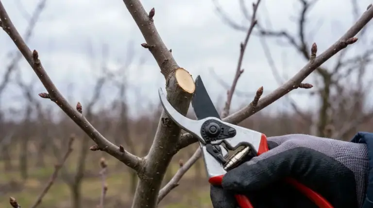 Potatura di un ramo di albero da frutto con cesoie da potatura