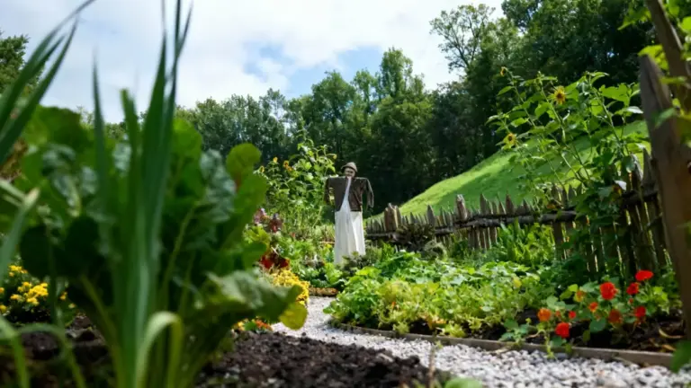 Orto rigoglioso con verdure, fiori e uno spaventapasseri al centro