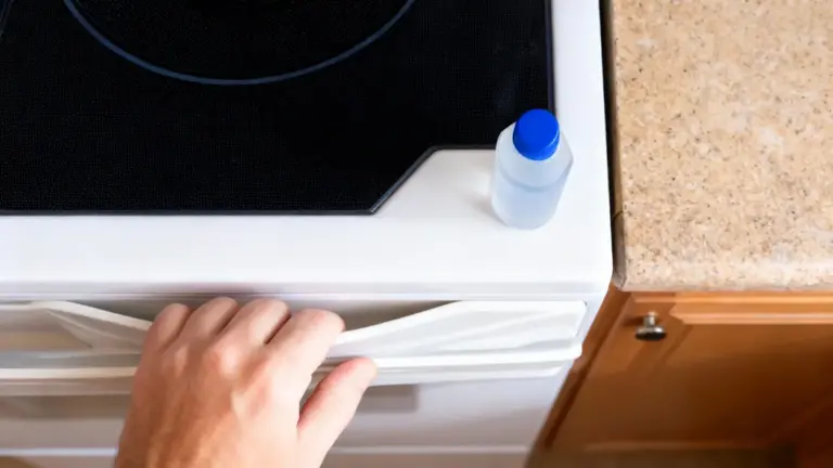 Persona apre una guarnizione del frigorifero accanto a un flacone con liquido.