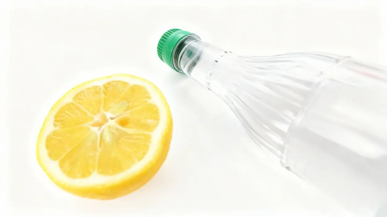 Mezza fetta di limone accanto a una bottiglia trasparente su sfondo bianco