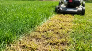 Tosaerba su prato con zona danneggiata e ingiallita al centro del taglio
