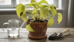 Pianta in vaso con foglie ingiallite e macchiate, segno di irrigazione eccessiva