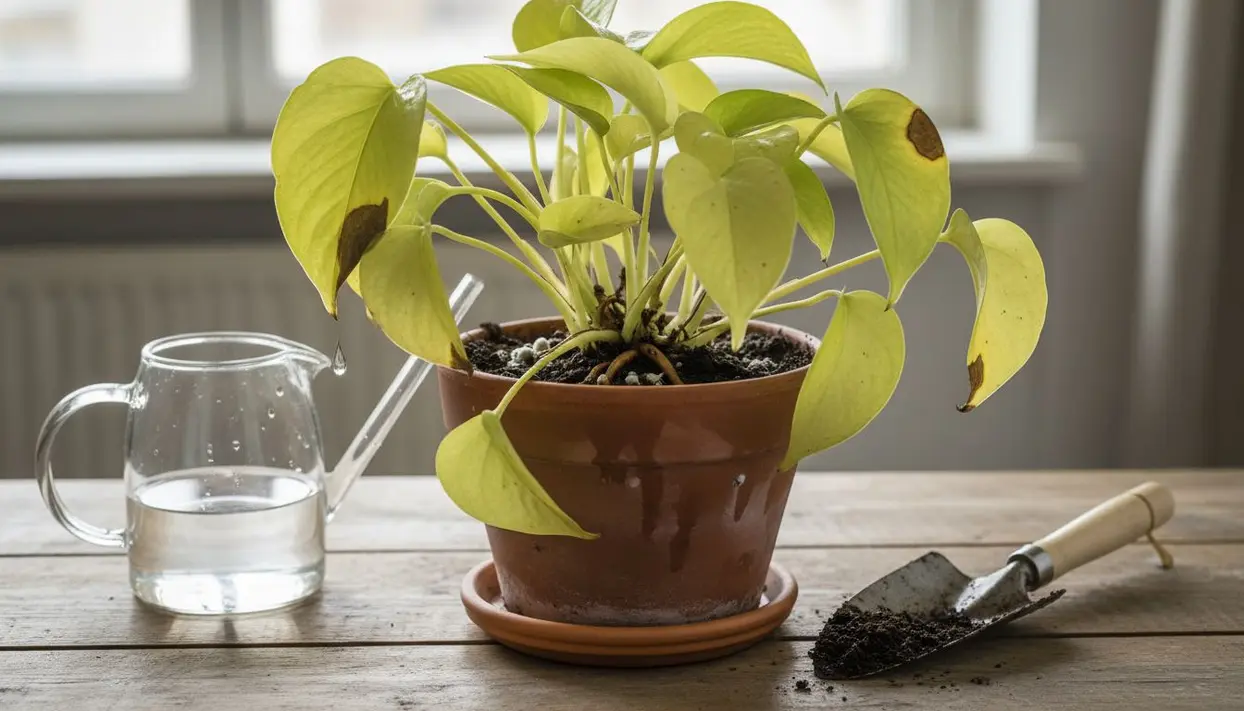 Pianta in vaso con foglie ingiallite e macchiate, segno di irrigazione eccessiva