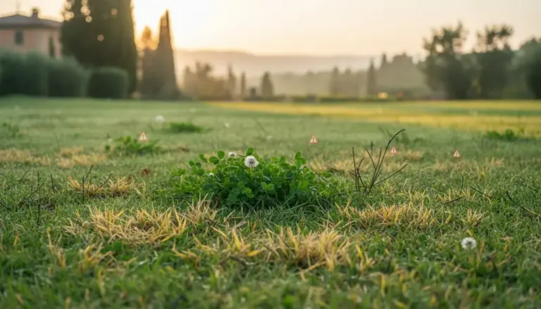 Zona di prato con erba ingiallita e presenza di piante infestanti