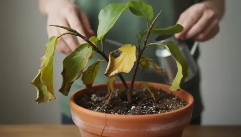 Pianta in vaso con foglie ingiallite e danneggiate, segno di sofferenza.