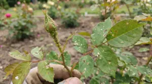 Germoglio di rosa infestato da afidi e foglie danneggiate da parassiti