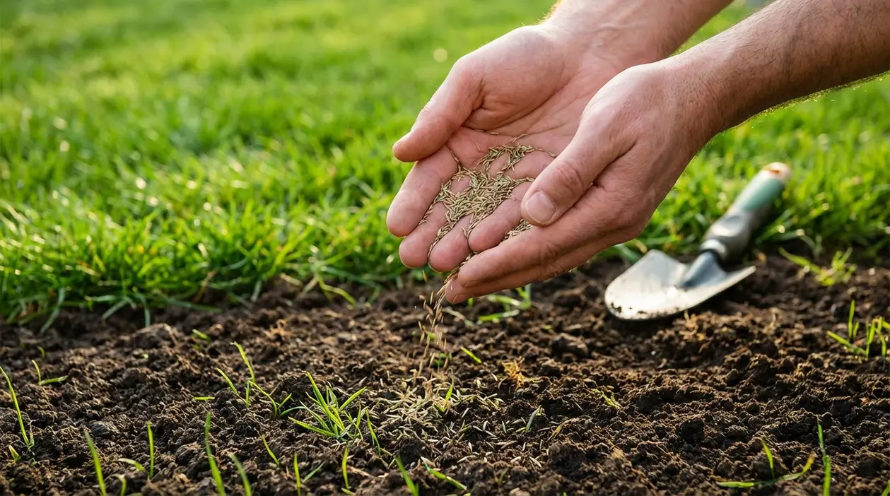 Mani che seminano erba su un terreno in giardino